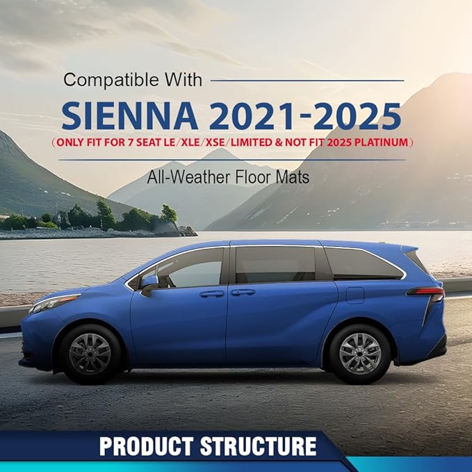 DOTCOM TPE Floor Mats Compatible with Toyota Sienna 2021-2025(Only Fit 7 Seat LE/XLE/XSE/Limited & Not Fit 2025 Platinum), 1st & 2nd Row All Weather Protection Floor Liners,alfombras para carro 4PCS