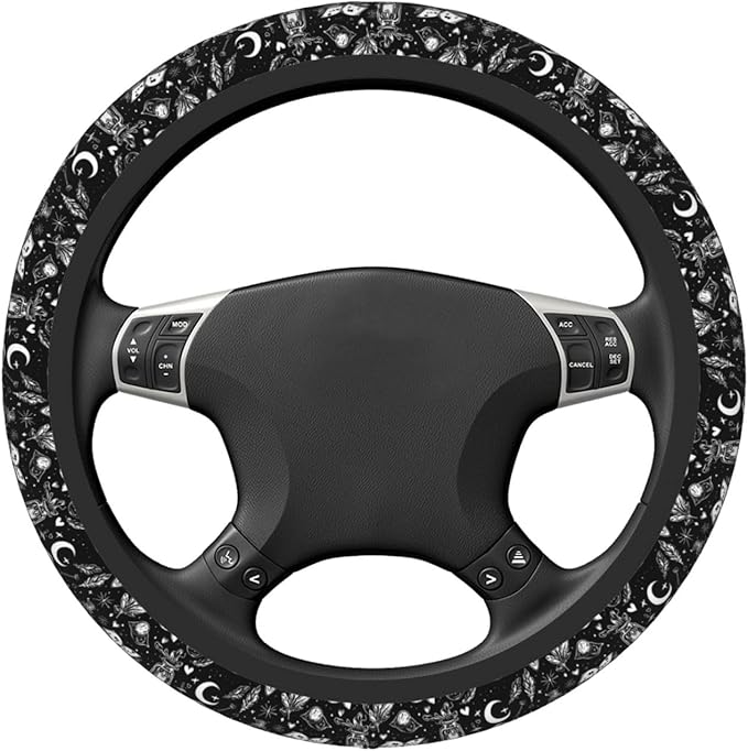 Witchy Skull Symbols Steering Wheel Cover for Women Girls, 15 Inches Anti-Slip Steering Wheel Cover for Auto Truck SUV