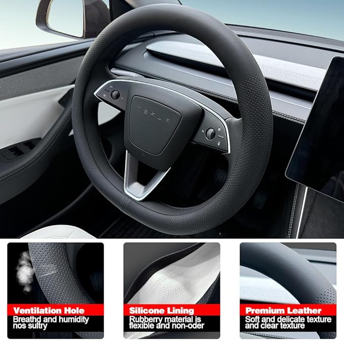 Tesla Model 3 and Model Y Steering Wheel Cover, Comfortable, Non-Slip, Breathable, Black Nappa Leather (Black)