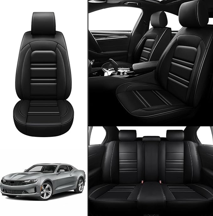 Seat Covers for Camaro 2000-2023 | 5-Seats Leather Seat Covers, Easy to Install Automotive Seat Covers Full Set (Full Set, Black)