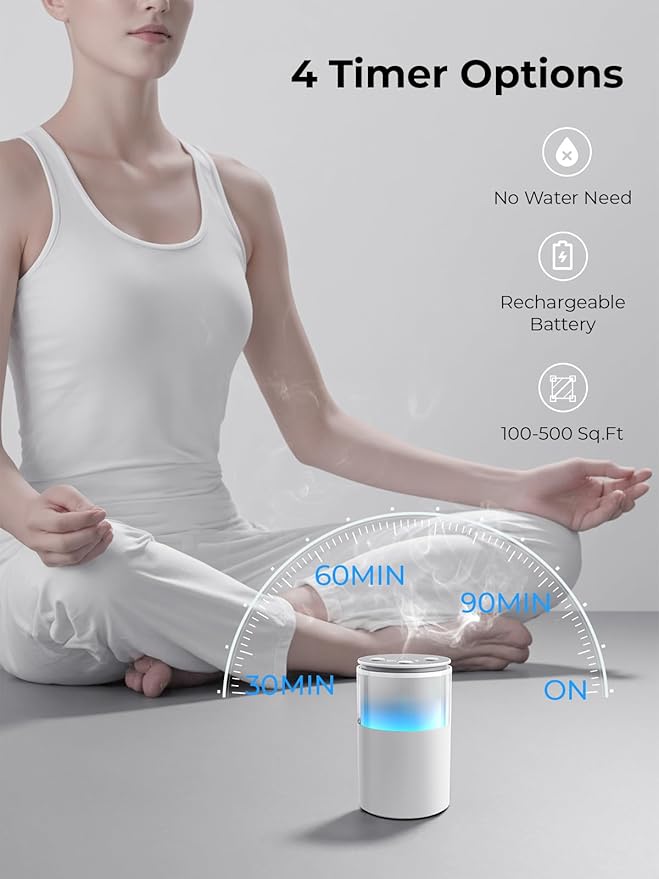 Waterless Diffuser for Essential Oil: Mini Battery Scent Diffuser for Room&Home&Car with 9 Colors LED Light - Aroma Cool Mist Snow White