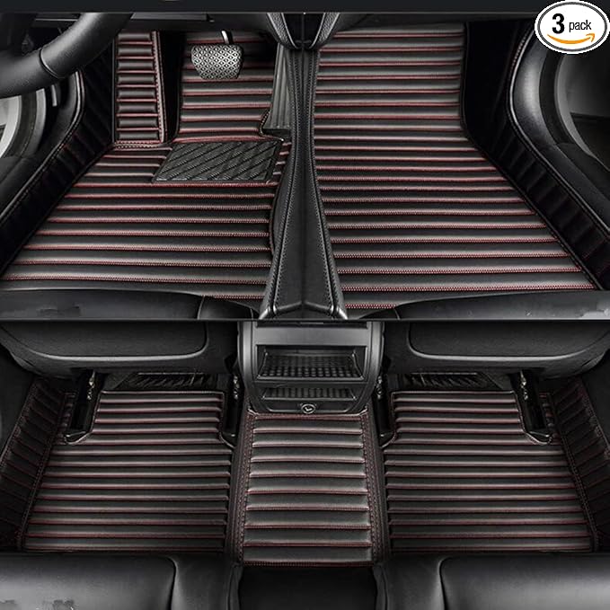 YaruicarCustom Car Floor Mats for 99.99% Sedan SUV Sports Car Men Women Protection Full Coverage Pads Anti-Slip Leather Floor Lining All Weather Car Floor Mats (Black Red Stripe)