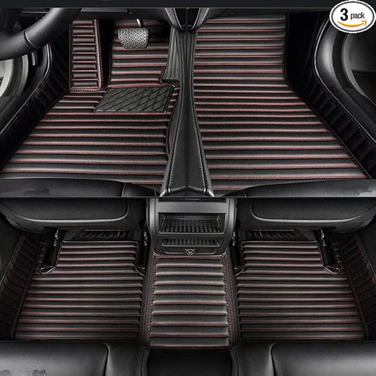 YaruicarCustom Car Floor Mats for 99.99% Sedan SUV Sports Car Men Women Protection Full Coverage Pads Anti-Slip Leather Floor Lining All Weather Car Floor Mats (Black Red Stripe)
