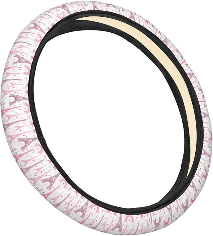 Dujiea Pink Eiffel Tower Elastic Stretch Steering Wheel Cover, Anti-Slip and Durable Car Steering Wheel Accessories for Women Men, 15 Inch Universal Fit Car, Truck, SUV