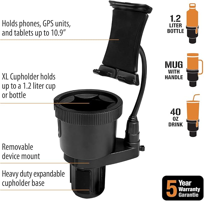 ToughTested TNT Tough N' Thirsty Mega XL Cupholder & Device Mount | Expands to Fit 1.2L Bottles | Adjustable 9" Gooseneck Arm for Phones, Tablets, GPS | Heavy-Duty Vehicle Accessory