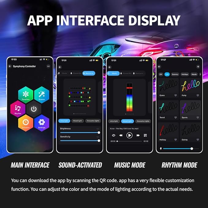 Acrylic Car Led Lights Interior with APP,Universal RGB Acrylic Ambient Lighting Car Kit,175 inch Neon Flexible Fiber Optic Led Strip Music Sync Lights for Car,6 in 1 USB Power Dashboard Decorations