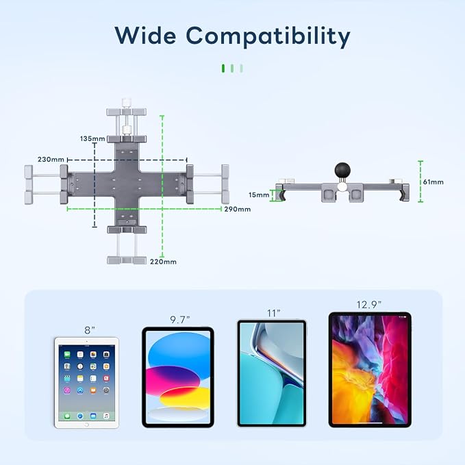 FANAUE Tablet Holder for Car with Ball Head, Lightweight Design, 360 Rotatable Ipad Mount - for Your Windshield, Dashboard, or Desk,Compatible with All 8"-12.9" Tablets (iPad mini, iPad Pro 12.9)