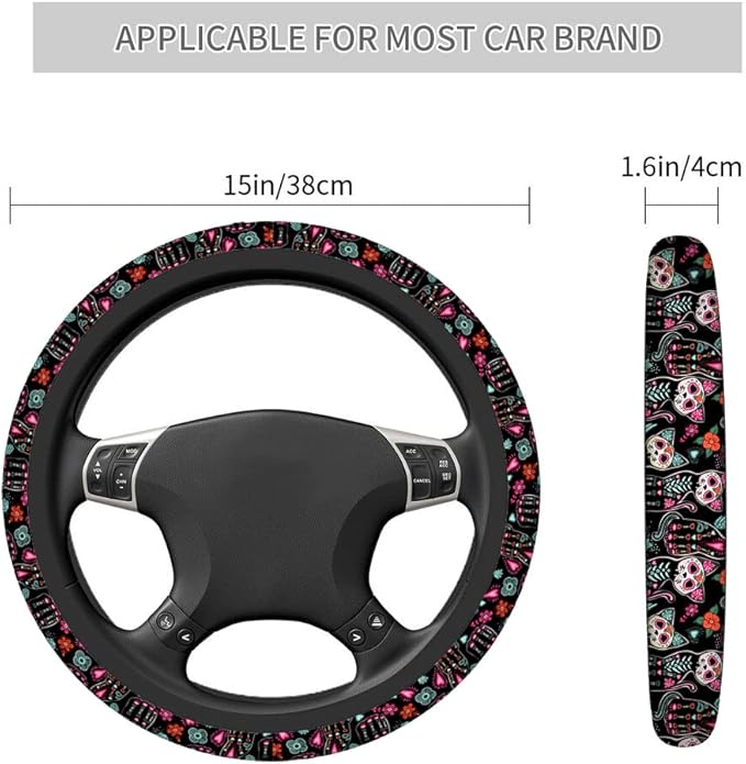 Swono Cat Cute Steering Wheel Cushion Case Day of The Dead Halloween Cats with Colorful Flowers Neoprene Car Steering Wheel Covers 15 Inch Anti Slip Compatible Auto Car Wrap Cover for Men Women