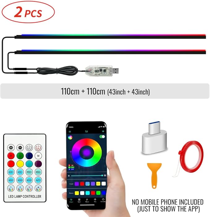 Ambient Lighting Car led Lights Interior, 43.3'' USB Powered Acrylic Neon Flexible Strip Model y Ambient Lighting kit with Remote APP,Dynamic RGB 2 in 1 Music Lights Sync for Inside car Decorations