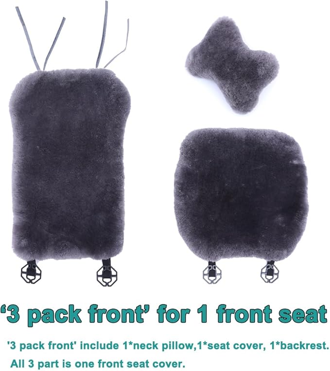 OGLAND Shearling Sheepskin Car Seat Cover-Fluffy Fuzzy Soft Fur Auto Seat Cushion for Universal Comy Seat Pad Accessories Automobiles (3 Pack Front, Misty Gray)
