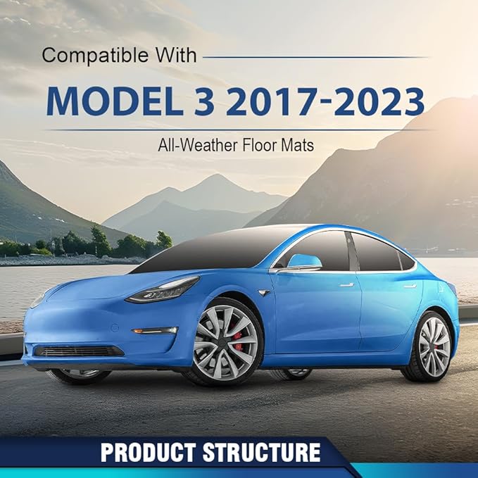 PIT66 Floor Mats Cargo Liners Accessories Compatible with Tesla Model 3 2017 2018 2019 2020 2021 2022 2023 (Heavy Duty) 4-Piece Premium All Weather Automotive TPE Liners