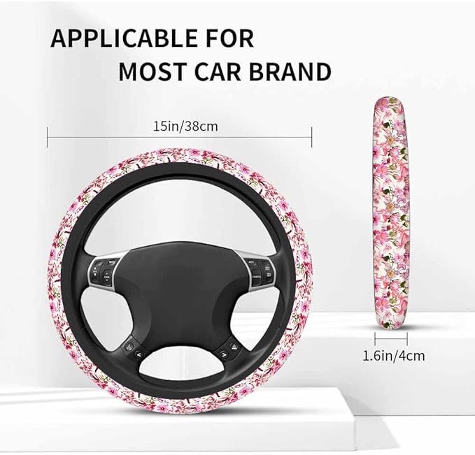 Pink Roses Elastic Steering Wheel Cover Many Kinds of Blooming Tropical Flowers Steering Wheel Cover Anti Slip Protective Case Universal Stretch Steering Protector