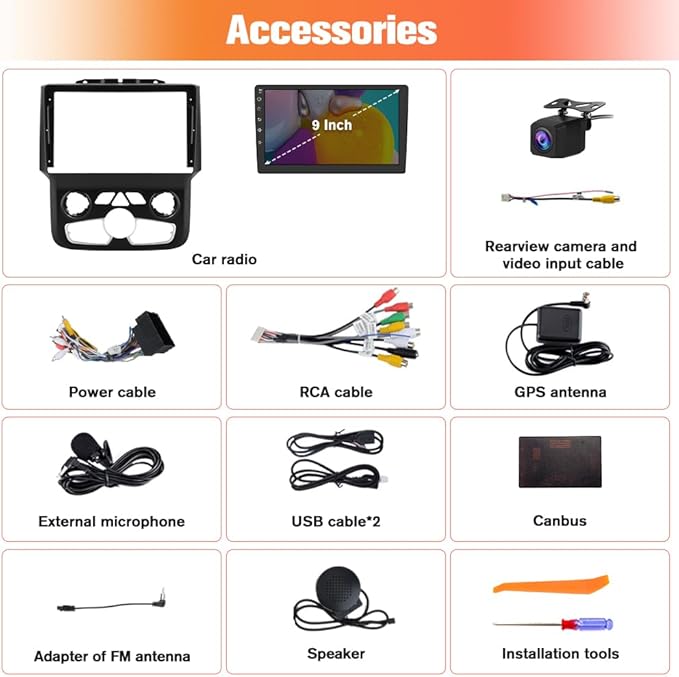 Car Radio Stereo Upgrade for Dodge RAM 1500/2500/3500 2013-2018 Auto AC, Android Head Unit with 9 Inch Touch Screen/Backup Camera/Wireless CarPlay & Android Auto/Mirroring/Wi-Fi/Bluetooth/SWC