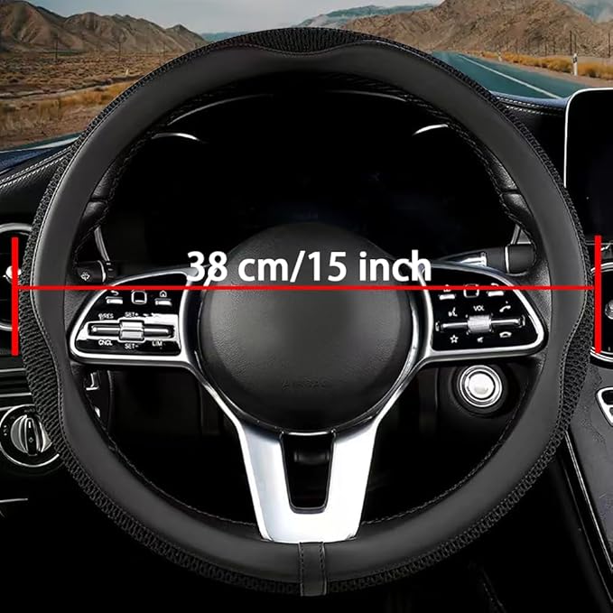 38cm Car Steering Wheel Cover, Universal 15 inch, Microfiber Breathable Ice Silk,Warm in Winter and Cool in Summer, Anti-Slip, Odorless, Easy Carry