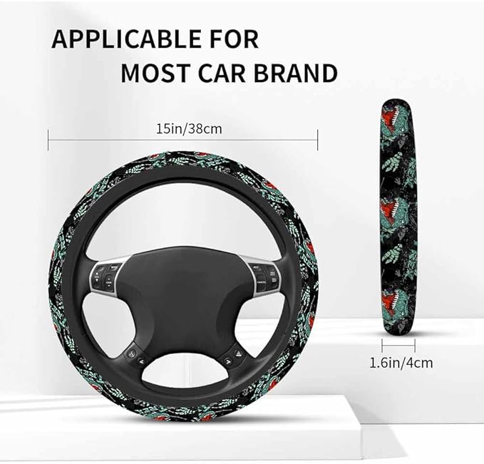 Dinosaur Head Steering Wheel Cover Open Mouth with Teeth Showing Steering Wheel Cover for Women Men Anti-Slip Breathable Steering Wheel Protector Car Accessories