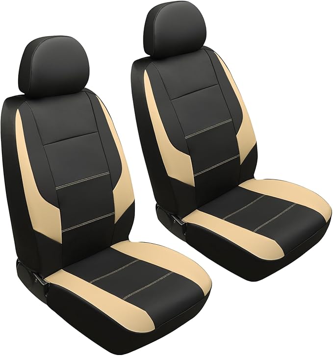 GIANT PANDA Front Seat Cover for Nissan, Leather Seat Protectors Custom Fit Nissan Rogue Altima Sentra Versa Kicks Frontier Murano Pathfinder Maxima (Beige+Black)