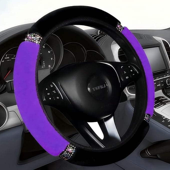 Fluffy Steering Wheel Cover, Universal 15 Inch Colorful Rhinestones Car Steering Wheel Cover, Sparkly Crystal Diamond Steering Wheel Protector for Women Girls,Purple