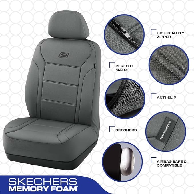 Skechers Memory Foam Car Seat Covers, Lycra Fabric Seat Covers, Car Seat Covers Front Seats Airbag Compatible, Automotive Comfort Protection for Most Cars, Trucks, SUVs, Grey