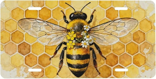 Bee Honeycomb Front License Plate Car Decorative License Plates Aluminum Metal Decor Accessory Novelty Vanity Tag Cover with 4 Holes for Men Women 6" X 12"