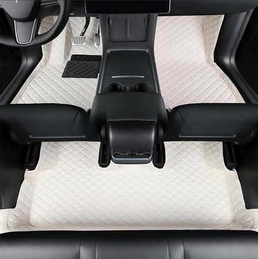 Tesla Model Y 2026 Juniper Refresh(5-Seater) Floor Mats - Premium Full Coverage All-Weather Leather Car Mats 100% FIT (White, Front & Rear Set)
