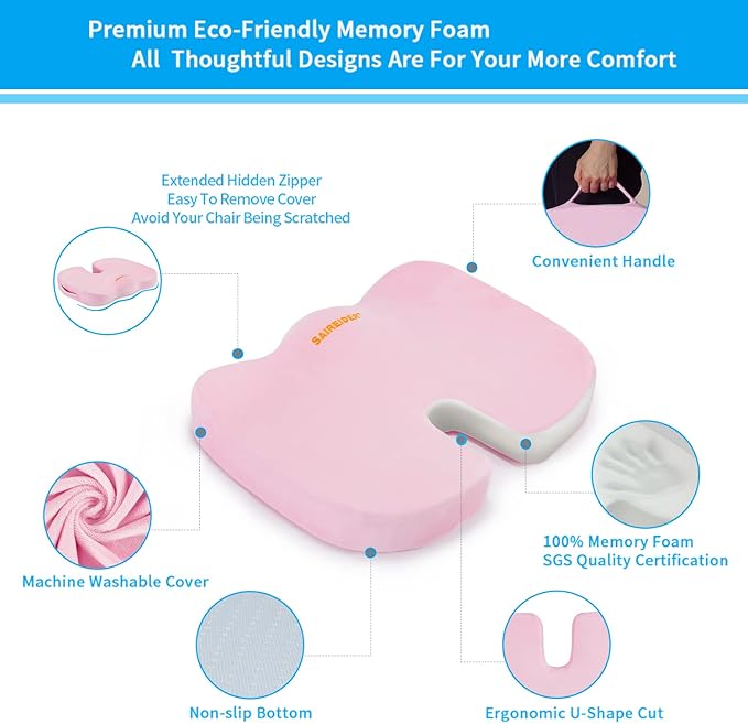 SAIREIDER Office Chair Cushion, Car Seat Cushion, Memory Foam Coccyx Cushion Pads for Tailbone Pain, Sciatica Relief Pillow, Correct Sitting Posture (Pink)