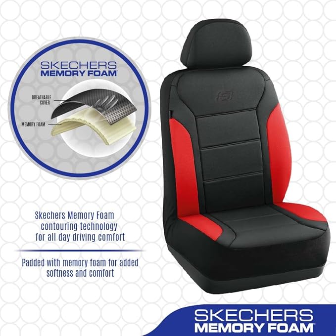 Skechers Memory Foam Car Seat Covers, Lycra Fabric Seat Covers &Thick Memory Foam, Car Seat Cover Full Sets, Airbag Compatible, Automotive Comfort Protection for Most Cars,Trucks, SUVs, Red