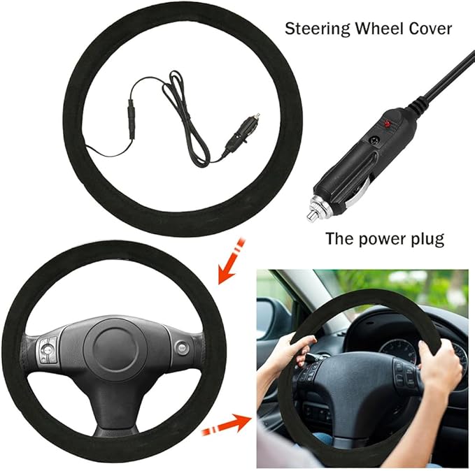 Steering Wheel Cover - 12V Plug-in Heated Wheel Protector for Winter Vehicles, Sedan, Truck, Minivan, Daily Commute, Long Drive, Road Trip, Travel Adventure, Comfortable Anti-Slip Design