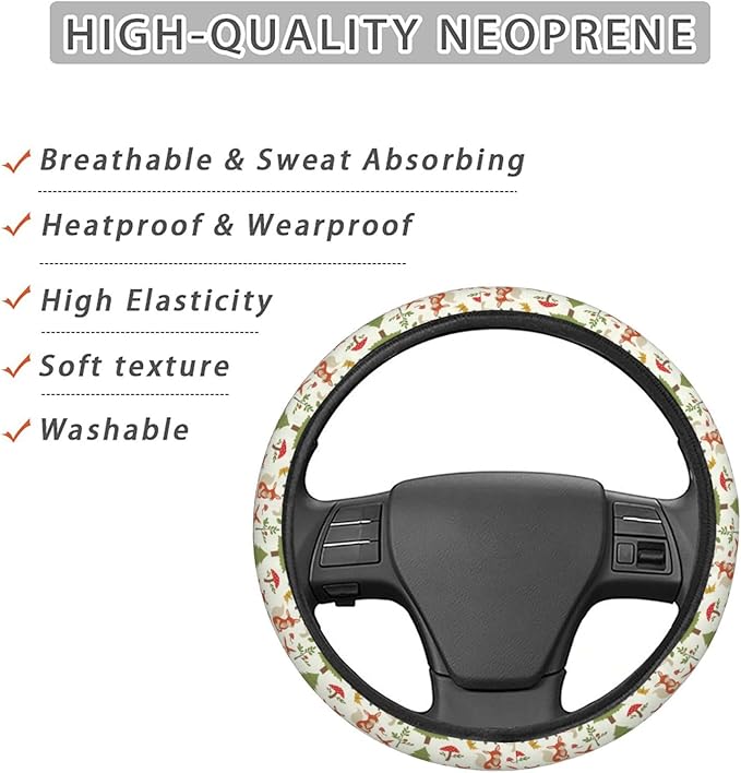 Woodland Animals Steering Wheel Covers Anti-Slip Elasticity Car Accessories Steering Wheel Protector Universal 15 Inch for Cars SUV Vehicle Truck