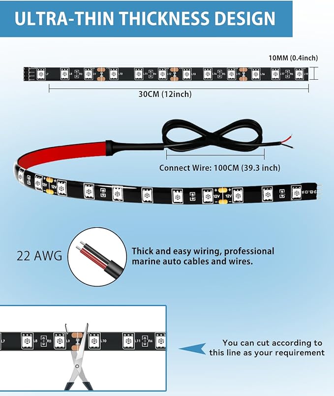 12V Led Strip Lights 12" Connectable Blue LEDs Light Strips for Cars Motorcycle Golf Cart Boat Marine Waterproof 12Volt Led Strip Light, 4Pack