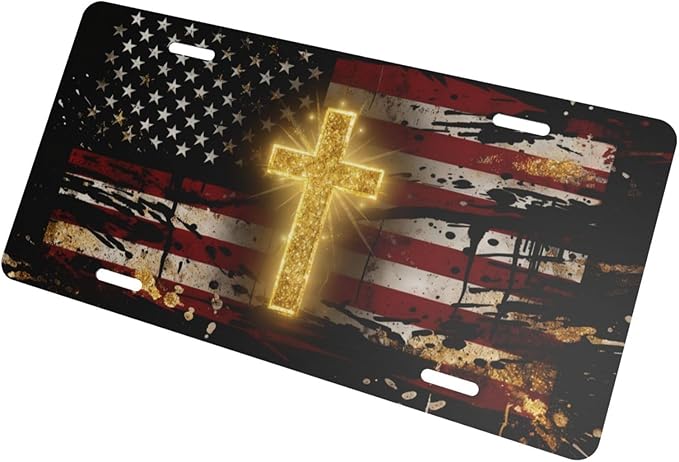 The American Flag Golden Cross Front License Plate Car Decorative License Plates Aluminum Metal Decor Accessory Novelty Vanity Tag Cover with 4 Holes for Men Women 6" X 12"