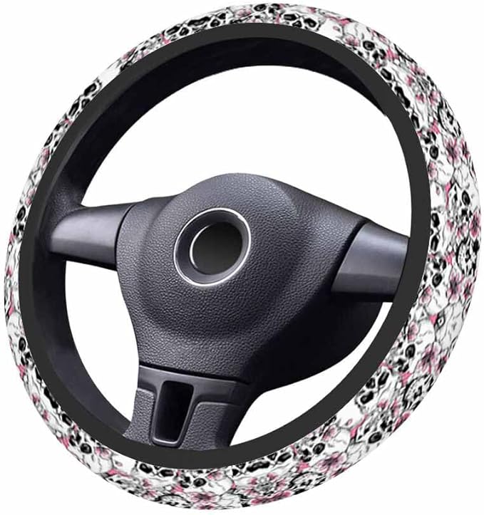 Skull and Flowers Car Steering Wheel Cover Pink Cherry Blossom Steering Wheel Cover Car Decor Suitable for Most Vehicles Including Trucks and SUV