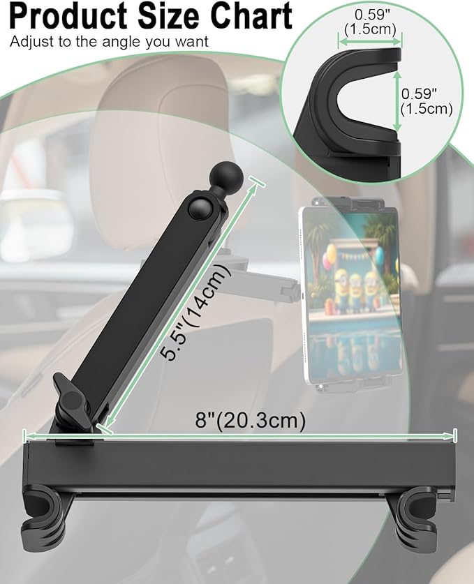 Headrest Tablet Holder for Car with Foldable Adjustable Arm, Long Trip Back Seat Car Tablet Mount Stand for iPad Pro/Air/Mini, Galaxy, 6.1-15.6" Devices and Thickness Cases [Up to 1.18"]