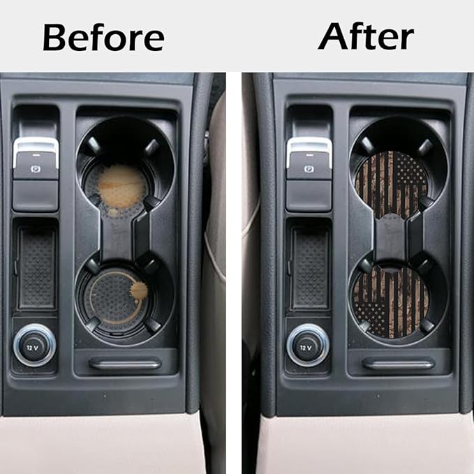 2 Pcs Car Cup Coasters, Wood Grain American Flag Universal Non-Slip Rubber Car Coasters for Cup Holders 2.75 inch, Car Interior Accessories for Men