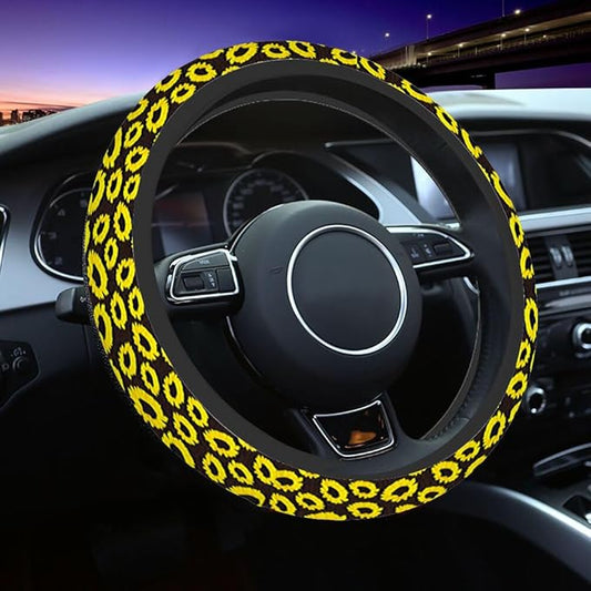 Sunflower Elastic Steering Wheel Cover Yellow Sunflower on Black Background Steering Wheel Cover Anti Slip Protective Case Universal Stretch Steering Protector