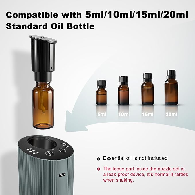 Waterless Essential Oil Diffuser for Home Car Office, Scent Diffuser with 4 Timer (1/3/6H & Off) & 3 Mist(L/M/H), Rechargeable Aromatherapy Diffuser, Portable Mini Air Aroma Diffuser, Silver Grey