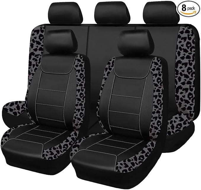 Flying Banner Carbon Fiber Leather Vehicle Seat Covers, Leopard Gray Black, Universal Fit - 8PCS