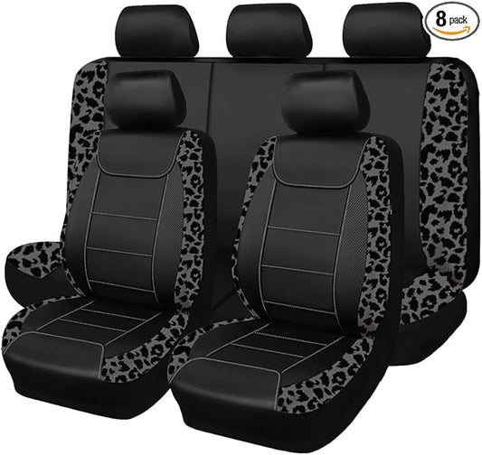 Flying Banner Carbon Fiber Leather Vehicle Seat Covers, Leopard Gray Black, Universal Fit - 8PCS