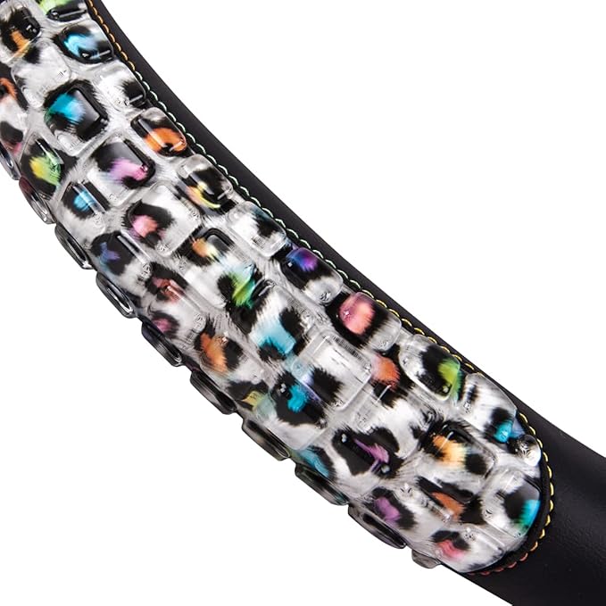 Flying Banner car Steering Wheel Cover Gel Massage Velvet Cool Warm Universal Size 15 inches SUV Truck Anti Slip Odorless Summer Winter (Black Leopard, Gel Massage)