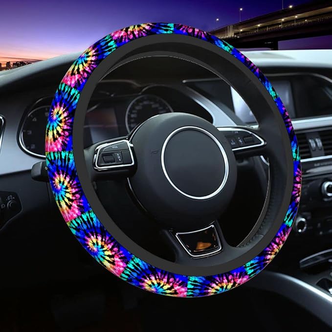 Swono Tie Dye Auto Car Steering Wheel Cover for Women Girls Rainbow Shibori Print 15 Inch Steering Wheel Protector Case,Fits for Automotive Car SUV Sedans