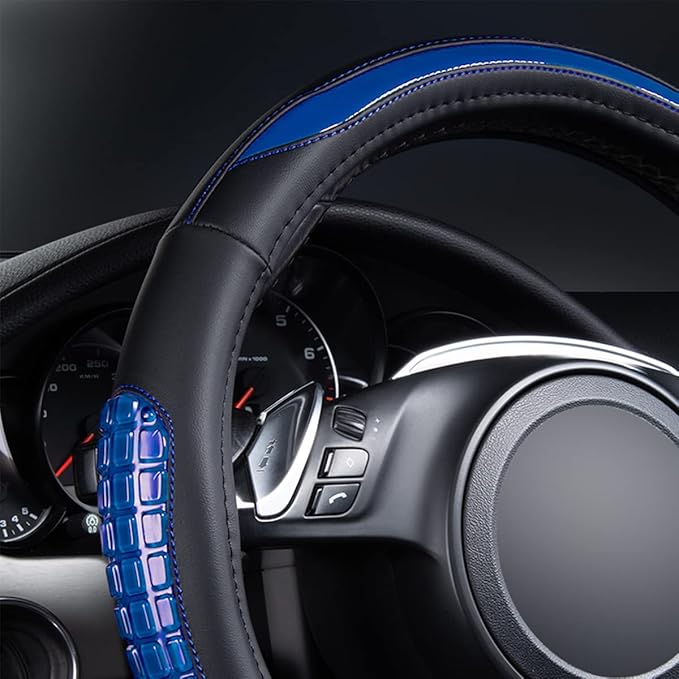 Flying Banner car Steering Wheel Cover Gel Massage Velvet Cool Warm Universal Size 15 inches SUV Truck Anti Slip Odorless Summer Winter (Black Blue, Gel Massage)