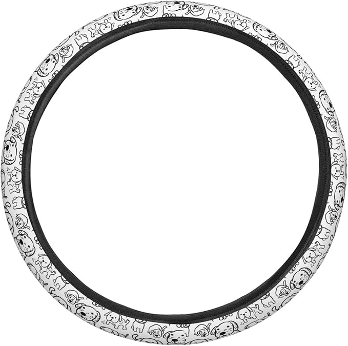 White and Black Hand Drawn Cartoon Dogs Steering Wheel Covers Anti-Slip Elasticity Car Accessories Steering Wheel Protector Universal 15 Inch for Cars SUV Vehicle Truck