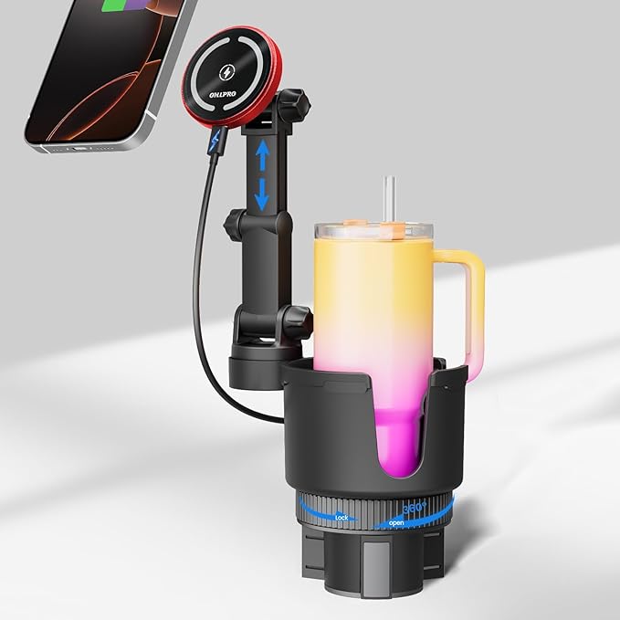 OHLPRO for MagSafe Car Charger Cup Holder Mount, 15W Fast Wireless Magnetic Charging Phone Holder for iPhone 16 15 14 13 12 Series, Adjustable Car Mount with Large Cup Base, One-Hand Operation