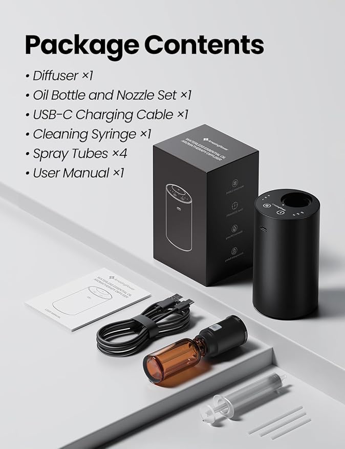 Waterless Essential Oil Diffuser, Rechargeable Scent Diffusers with 3 Mist Levels & Timers, Portable Aromatherapy Diffuser for Home Car Room Studio Office, Black Metal