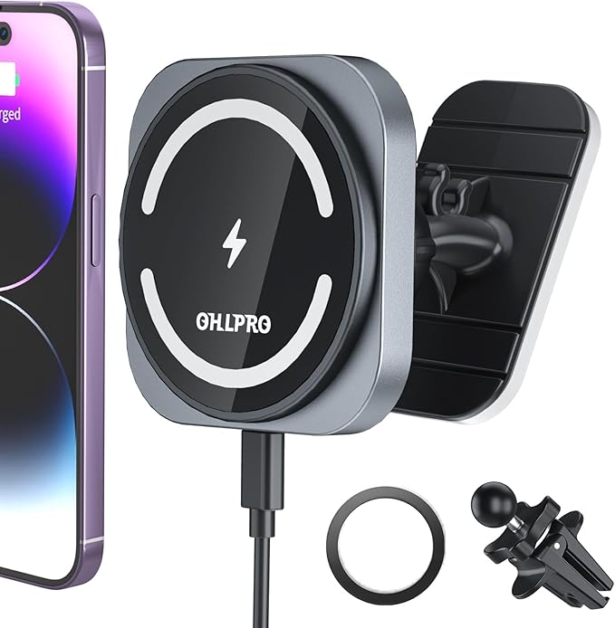 OHLPRO for MagSafe Car Mount Charger, 15W Fast Charging Car Magnetic Phone Holder for Dashboard and Air Vent, Compatible with iPhone 16/15/14/13/12 Series and Magsafe Case
