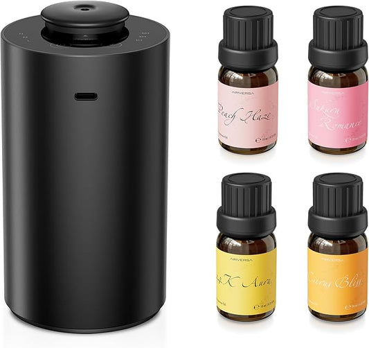 Airversa Waterless Essential Oil Diffuser Starter Kit with 4 x 10mL Fragrance Scent Oil, Battery Operated Mini Scent Air Machine Portable Diffuser for Home Car Office, ANX Black Kit01