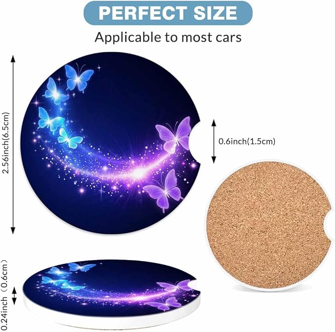 Purple Blue Butterfly Car Cup Holder Coaster 2 Pack Absorbent Ceramic Car Coasters for Cup Holders Car Accessories Interior for Women Men Universal Anti Slip Cork Base Cup Coasters with Finger Notch