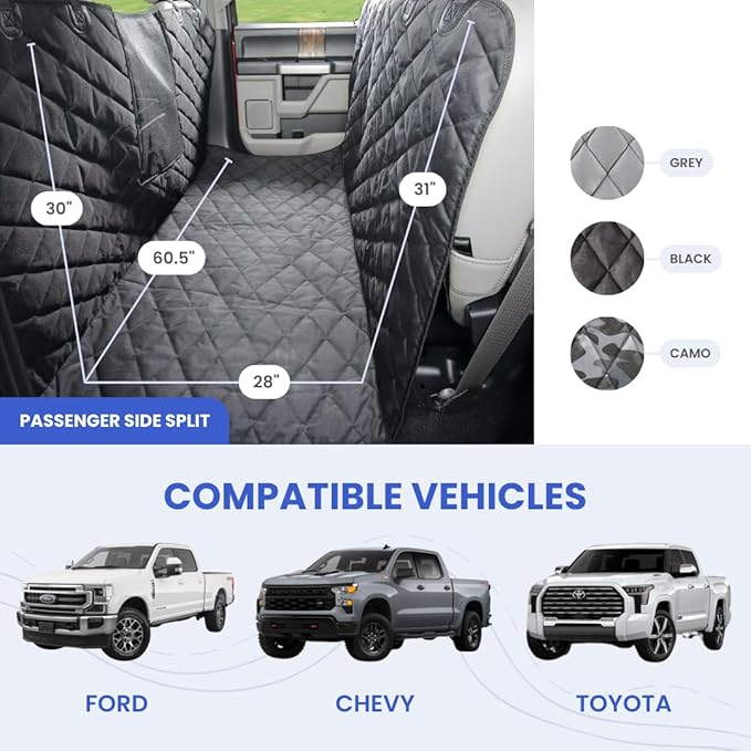 4Knines Dog Floor Hammock for Truck & Crew Cab with Fold Up Seats – Back Seat Pet Cover for Dogs – Compatible with Ford F-150, GMC, Chevrolet, Toyota Full Size Trucks (Passenger Side Split, Grey)