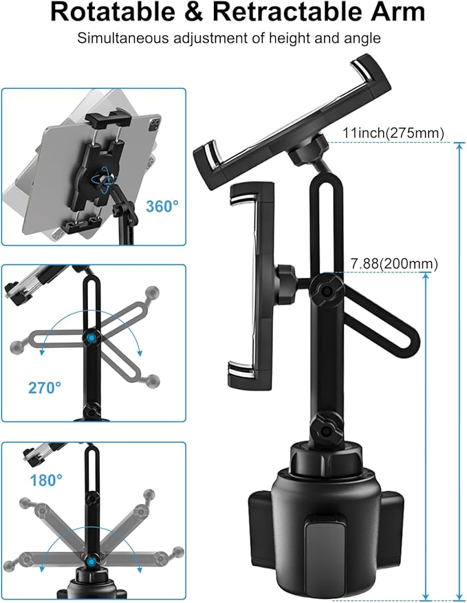 woleyi Cup Holder Car Tablet Mount, iPad Mount Holder for Car/Truck, 360° Rotation Adjustable Universal Tablet Stand Cradle Compatible with iPad Pro Air Mini, Galaxy Tab, Z Fold, iPhone, 4-13" Devices