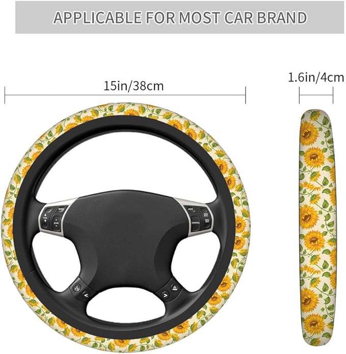 Swono Steering Wheel Cover for Men Women Sunflower Vintage Sunflower and Green Leaves Yellow Universal 15 Inch Anti-Slip Odorless Breathable Car Wheel Protector