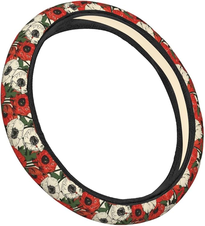 Poppy Flowers Pattern Steering Wheel Covers Anti-Slip Elasticity Car Accessories Steering Wheel Protector Universal 15 Inch for Cars SUV Vehicle Truck